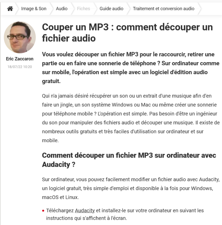 Comment découper un fichier audio-article-web-eric-zaccaron-commentcamarche.net . eric zaccaron rédacteur web